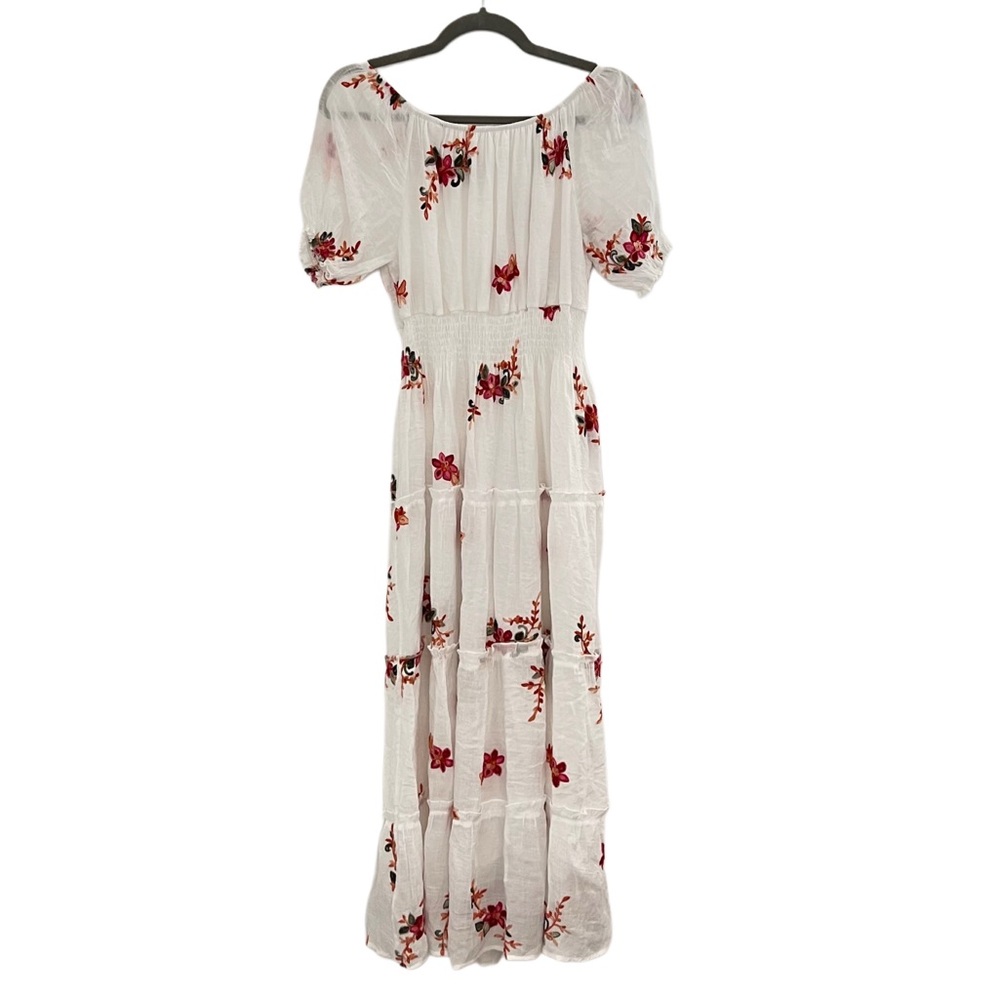 NWOT Kindred Anthropologie White Floral Cinched Maxi Dress Boho Embroidery L - Picture 6 of 10